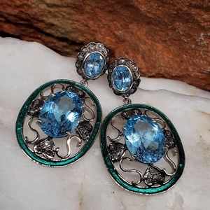 Solid Sterling Silver 925/Black Rhodium Genuine Topaz/Raw Diamonds